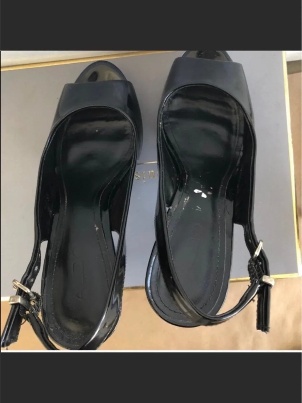 Aldo Black Patent Peep-Toe Slingback Stilettos